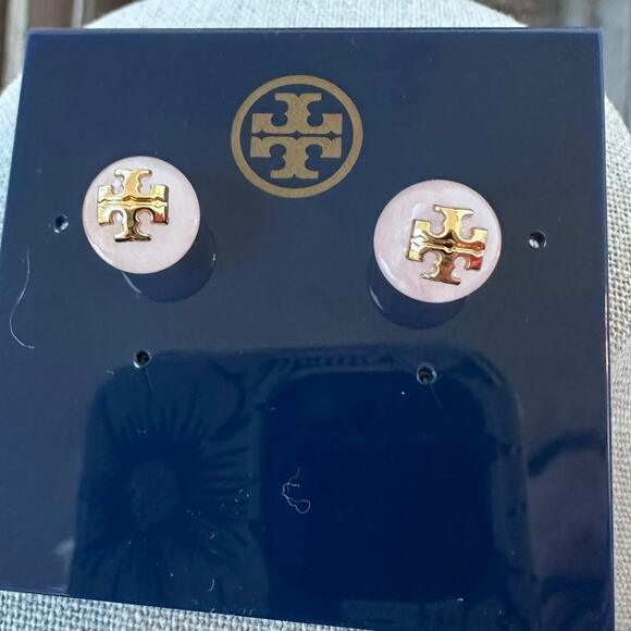 Tory Burch - Pink Quartz Evie Logo Stud Earrings, NWT, pierced - Picture 2 of 7